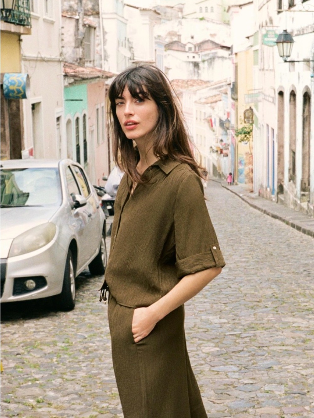 Zara OLIVE Green Short-Sleeve Button-Front Shirt NWT size S